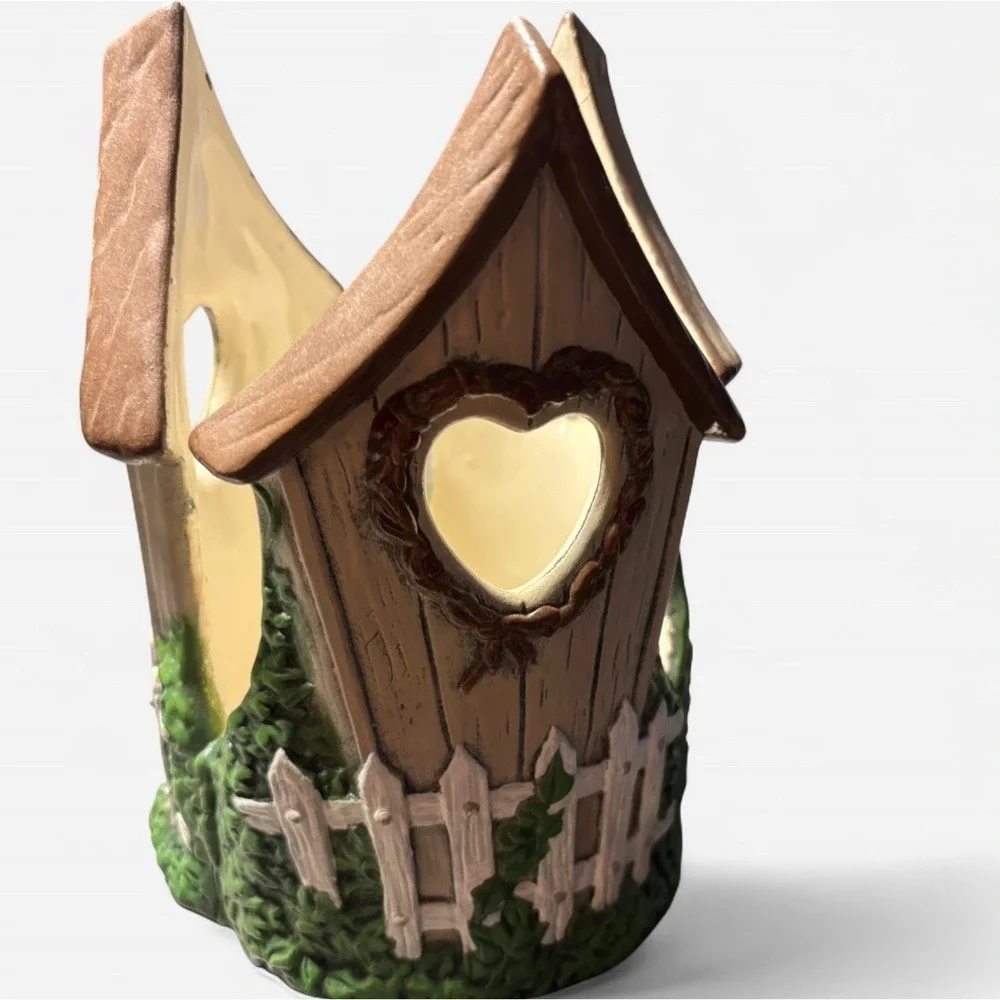 Jill Gibson 2004 Signed Ceramic‎ Birdhouse Tea Light Holder Heart Ivy Folk Art